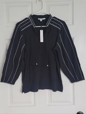 Chico's Black And White Embroidered Lantern Blouse